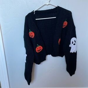 Halloween Pattern Open Front Knit Cardigan, Casual Long Sleeve Crop Sweater